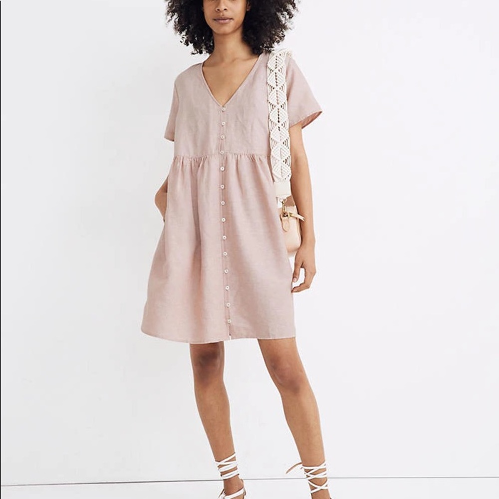 Madewell V-neck Linen Blend Button Front Dress
